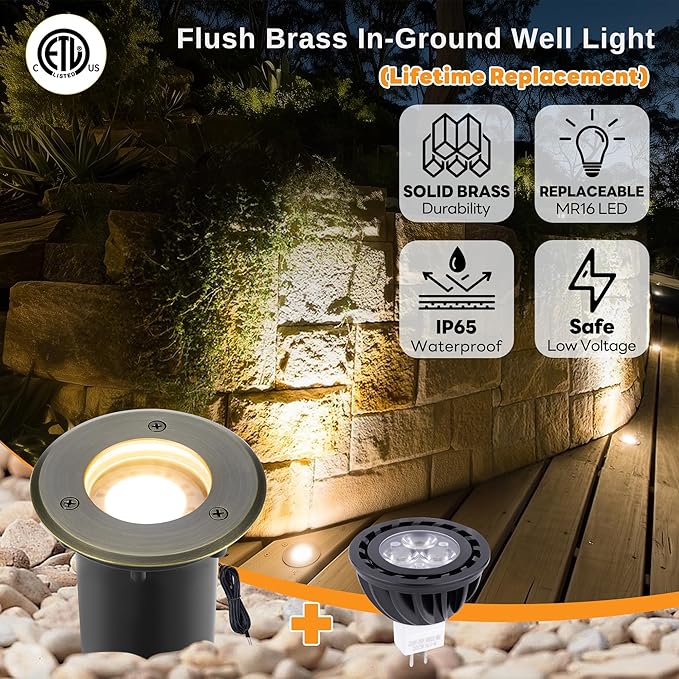 Gardenreet Solid Brass Well Light - LED 12V All Weather In-Ground Low Voltage Landscape Lighting, Replaceable Bulb Fixture, Antique Bronze for Backyard Pathway Patio with 2700K Warm White MR16 Bulb