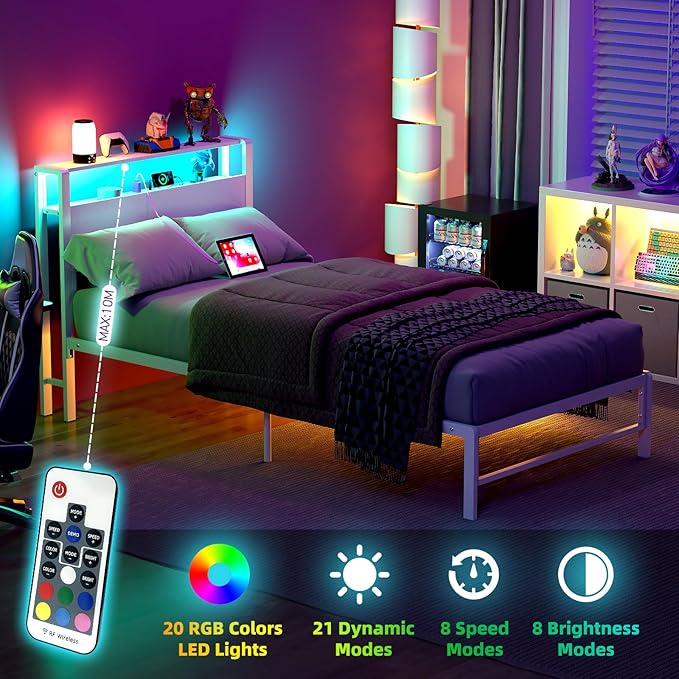 Weehom Twin Bed Frames with 2 Tiers Wood Storage Shelves Headboard, Twin Size Bed with Charger Stations and LED Light Under Bed Storage Space Platform Bed for Kids, Girls and Adults, White