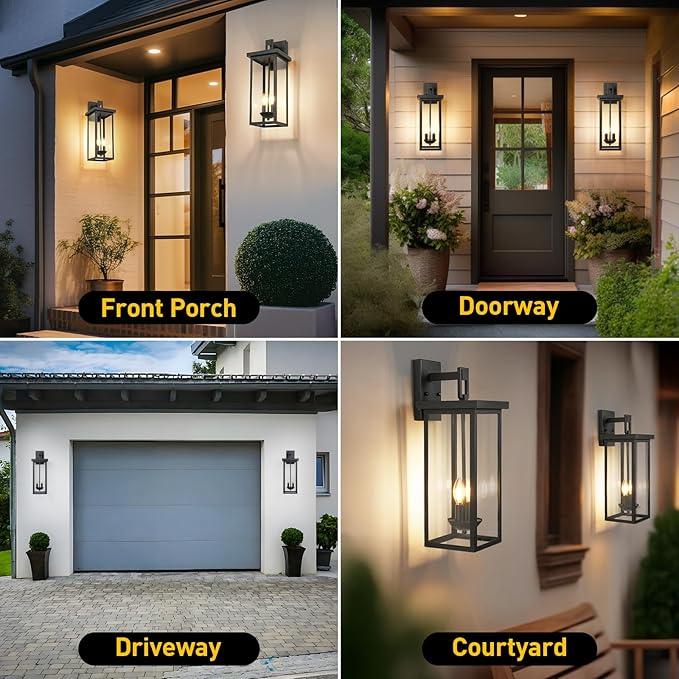 tewei 22 Inch Large Outdoor Wall Lights, Dusk to Dawn Exterior Lighting Fixtures Black Modern Porch Light Outdoor Wall Lantern Sconce Lights for House Garage with Clear Glass Shade, E12 Base, 2 Pack