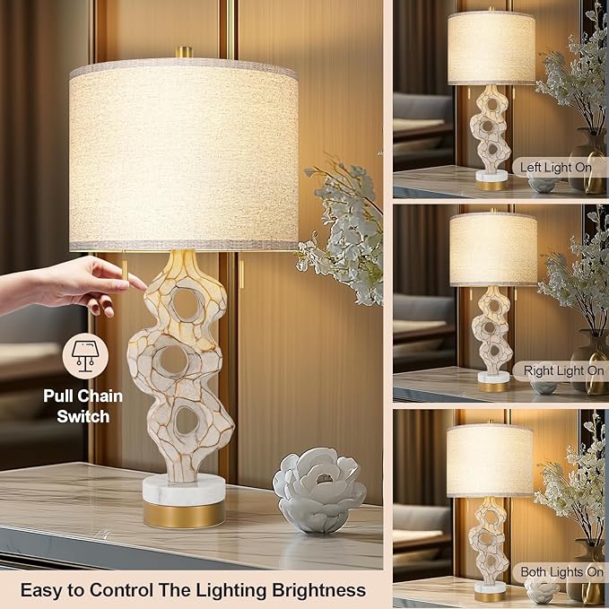 Scenekoy Sculptural Table Lamp Set of 2 for Bedroom, 26” Farmhouse Bedside Lamps for Living Room, Rustic Linen Shade Night Stand Lamp Marble Base with USB Ports for Home Decor (E26 Bulbs Included)