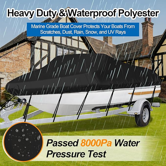 iCOVER Trailerable Boat Cover- 23'-24' Heavy Duty Waterproof Tarp Covers with Storage Bag, Fits V-Hull, Fish&Ski, Pro-Style, Fishing, Runabout, Bass Boats, up to 23ft-24ft Long and 102" Wide