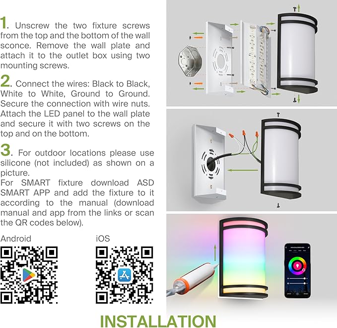 ASD 24 Inch Smart RGBW LED Outdoor & Indoor Wall Mount Light Fixture - Nickel RGB Wall Sconce Exterior Lighting - 120-277V 23W 2700-6500K Dimmable, Remote Control, Alexa - Front Door, Patio ETL 2 Pack