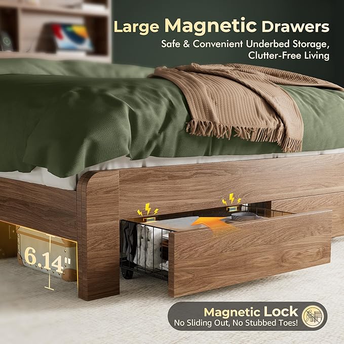 Queen Bed Frame with 2-Tier Storage Headboard, LED Lights, Charging Station, 2 Drawers, 900lbs Capacity, Wood & Metal Platform, Noise-Free, No Box Spring Needed, Barn Door Design