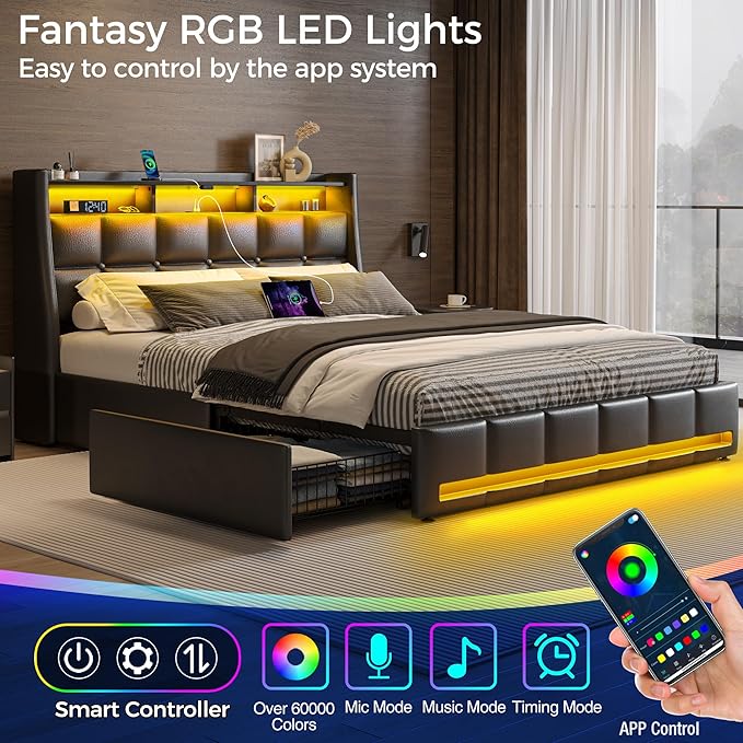 Rolanstar Full Size Bed Frame with LED Lights and Charging Station, PU Leather Bed Storage Headboard & Drawers, Heavy Duty Wood Slats, Easy Assembly, Black