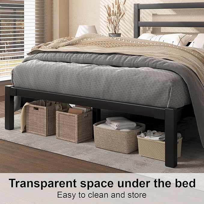 King Size Bed Frame, Metal Platform Bed Frame with Headboard, Mattress Foundation with Spacious Underbed Storage, No Box Spring Needed, Easy Assembly, Modern, Black