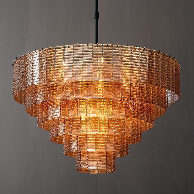 41" Extra Large Chandelier, 18-Light Amber Glass Chandelier for Dining Room & Living Room, Tiered Black Round Pendant Light Hanging Light Fixture for Foyer, Entryway, Kitchen and Staircase