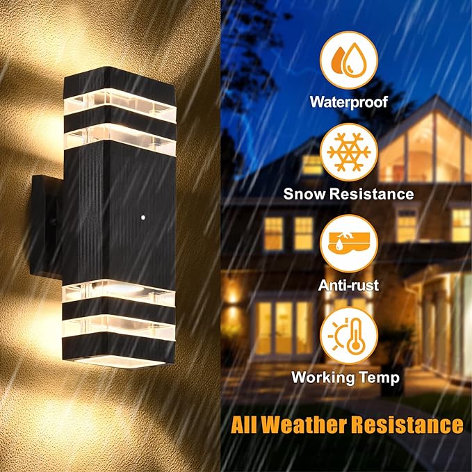 DASTOR Dusk to Dawn Outdoor Wall Light, 3000K Warm White Up and Down Light Outdoor Wall Sconce, Square Aluminum Exterior Light Fixture for Porch Patio Garage
