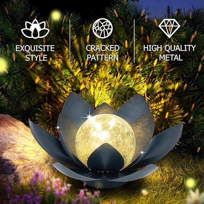 Huaxu Solar Lights Outdoor Garden Decor Crackle Glass Globe Lotus Flower Gray Metal Waterproof Light for Patio, Lawn, Walkway, Tabletop, Ground,Christmas Gifts for Mom,Women