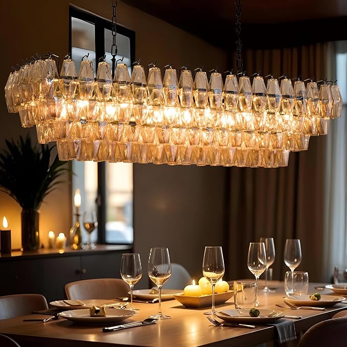54" Black Rectangular Chandeliers for Dining Room, 12-Light 4 Tiered Large Smoke Glass Chandelier, Modern Kitchen Island Farmhouse Hanging Light Fixture for Living Room Foyer