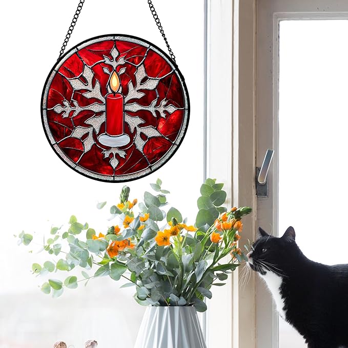 Stained Glass Window Hanging 4 Pcs Set Red Christmas Decorations Theme 9.8" - Suncatcher Door Garden Sun Catcher Decor Birthday for Mom Woman Nana Men Friend Wife