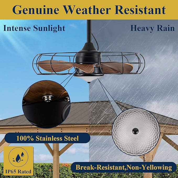 NORFOLK Gazebo Ceiling Fans with Light, 24 Inch Waterproof Outdoor Fan with Dimmable LED Lights, Wet Rated Plug In and Remote for Patios and Pergola, 3 Color Led Lighting, Hanging with Hook