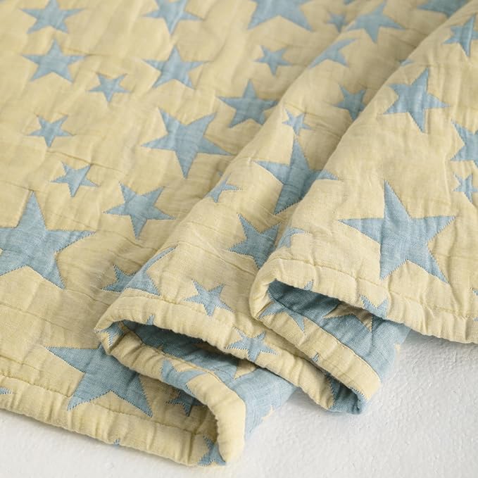 NTBAY 3 Layer Toddler Blanket, Muslin Cotton Jacquard Bed Blankets, Lightweight Thermal Baby Blanket, Super Soft and Warm Crib Blanket for All Seasons, Decoration Gift, 30"x40", Blue and Yellow Star