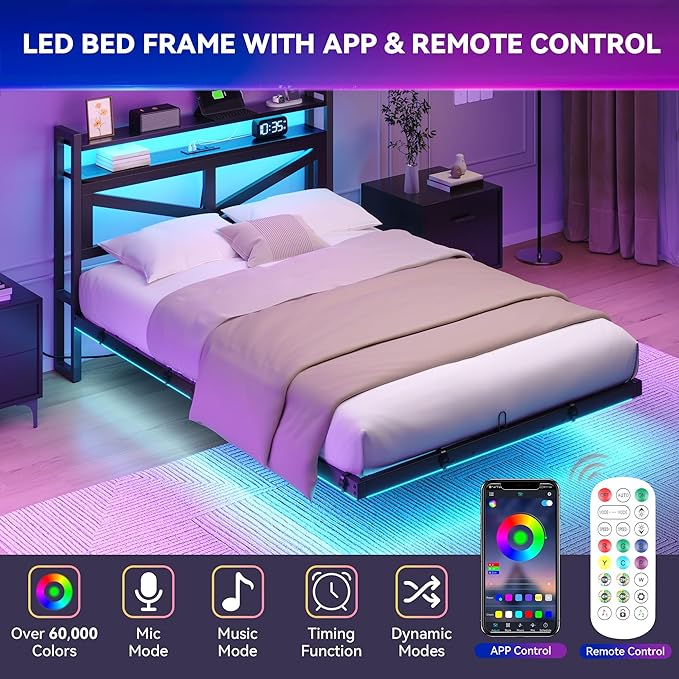 YITAHOME Queen Size Floating Bed Frame with USB Charging Station Storage Headboard and with Led Light, Heavy Duty Metal Platform Bed Frame, No Box Spring Needed, Easy Assembly and Noise Free, Black