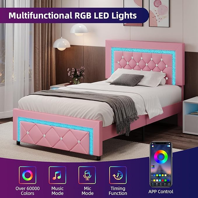 BarnFurin Twin Bed Frame with LED Lights, Upholstered Platform Bed with Diamond Tufted Headboard, No Box Spring Needed, Noise Free, Easy Assembly, Pink