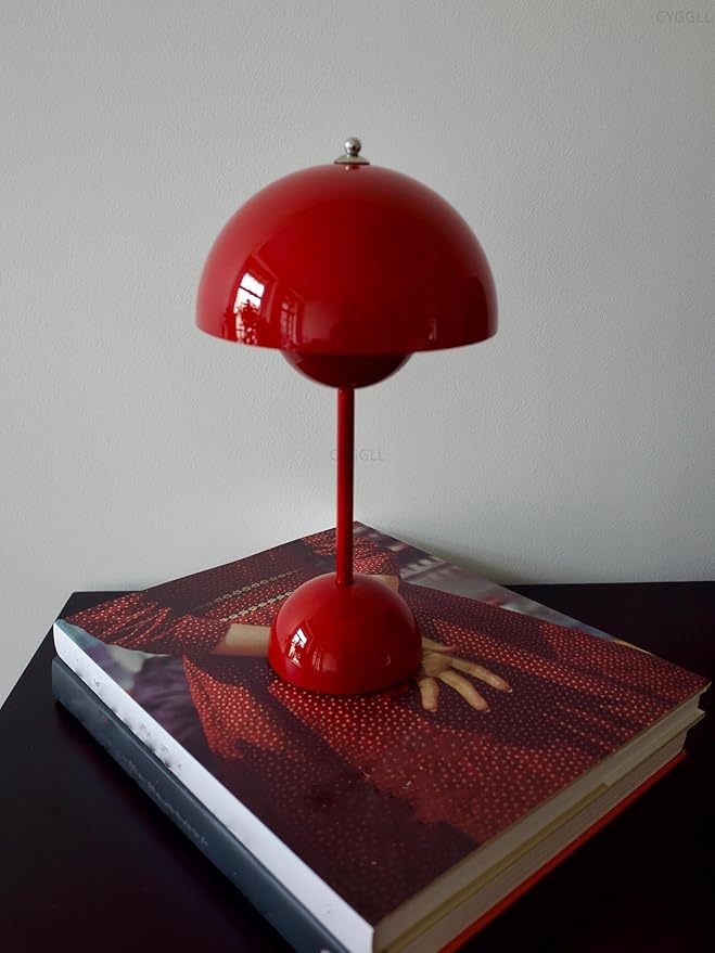 Flowerpot Lamp Modern Flower Bud 12" Cordless Touch Dimmable 2600mAh Rechargeable Desk Lamps Nordic Minimalist Mushroom Lamps Retro Nightstand Bedside Lamp for Bedroom Living Room(Vermilion Red)