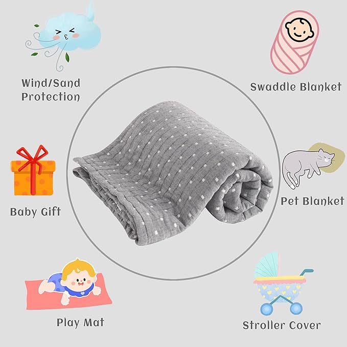 NTBAY 3 Layer Toddler Blanket, Muslin Cotton Jacquard Bed Blankets, Lightweight Thermal Baby Blanket, Super Soft and Warm Crib Blanket for All Seasons, Decoration Gift, 45"x60", Grey Dot