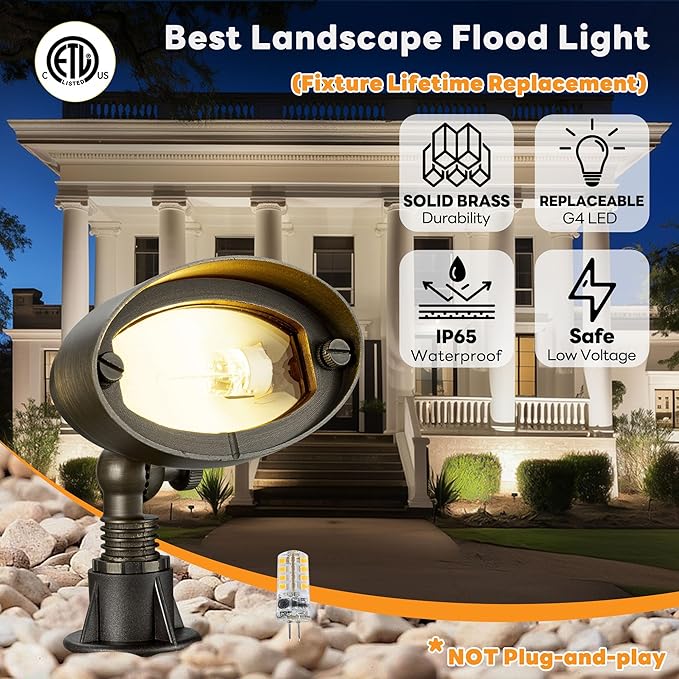 Gardenreet Landscape Flood Light - Solid Brass 12V Wall Wash Light LED, Outdoor Hardwired Waterproof, Antique Bronze Lighting for Exterior Wall Tree House with 4000K 3W 270LM G4 Bulb 6 Pack