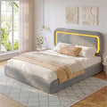 Queen Bed Frame with Headboard, Boucle Upholstered Platform Bed Frame with LED Light, Soft Rounded Corners, No Box Spring Required, Easy Assembly, Grey
