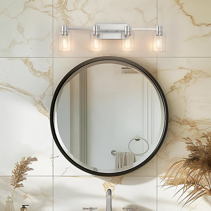 4-Light Modern Vanity Light Fixtures Over Mirror, Brushed Nickel Bathroom Light Fixtures, Vanity Lights, Wall Sconce with Clear Glass Shade for Bathroom, E26 Base