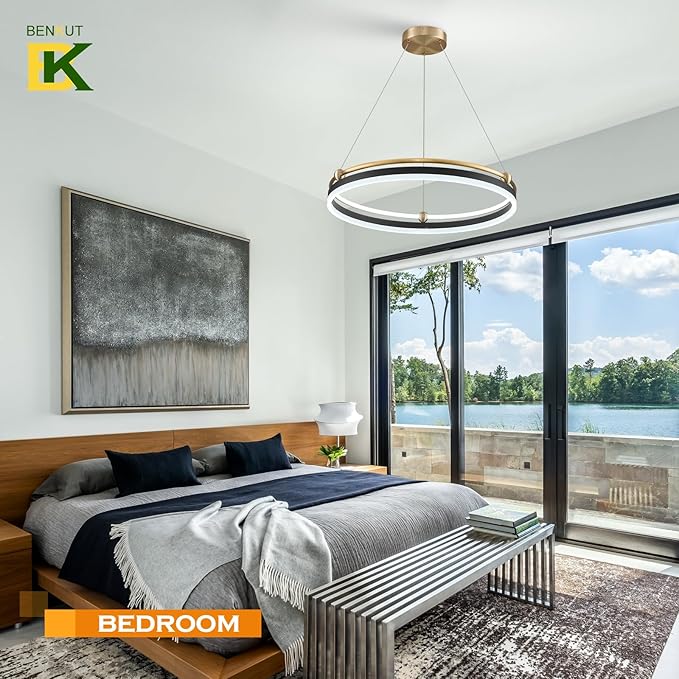 Modern LED Pendant Light 23.6" Black Gold Dimmable Circular LED Chandelier 1 Ring with Remote, Round Hanging Light for Kitchen Island Dining Room Living Room Foyer Entryway, 2-Ring Lighting