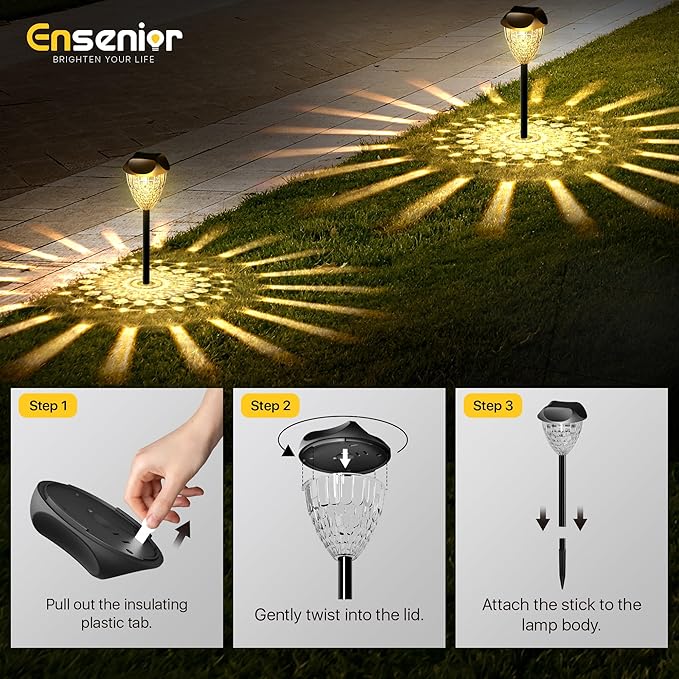 Ensenior 12-Pack Solar Lights Outdoor, Auto ON/Off 3000K LED Solar Garden Lights for Pathway, Yard, Patio, Walkway, Planter, Waterproof, Energy-Efficient Landscape Lighting