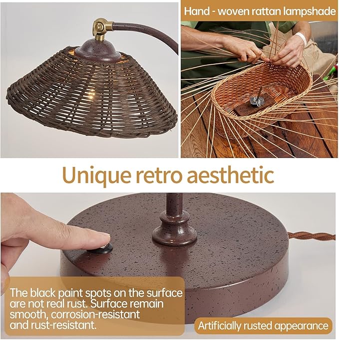 Woven Rattan Bedside Table Lamp Set of 2, Boho Plug in Handmade Rattan Shade & Anti-Rust Iron Base Desk Lamp, Plug & Play Vintage Dark Brown Nightstand Lamp for Living Room,Office【Bulb Included】