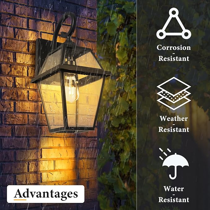 Colonial Outdoor Wall Lantern, Large Black Exterior Light Fixture with Clear Glass for Front Porch, 20 Inch Tall Waterproof Outdoor Wall Sconces Lamp Outside for House, Doorway, Garage, Corridor