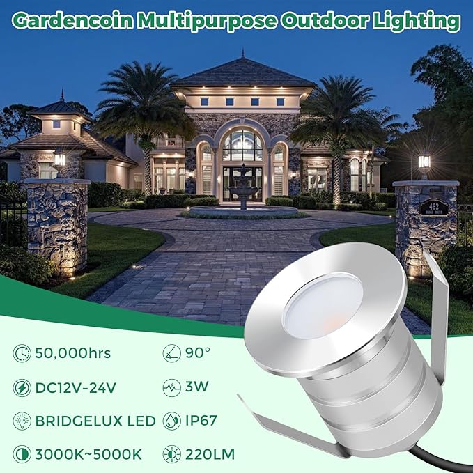 Gardencoin Outdoor Recessed LED Lights, Heavy Duty Soffit and Deck Lighting Flush Mount, 3W 12-24V Low Voltage Landscape In Ground Well Light, Underwater Pond Light, Dimmable Widely Used, 5000K 6pack
