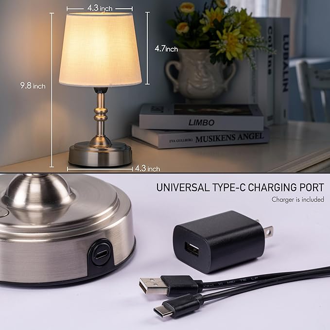 O’Bright Seraph mini – Cordless LED Table Lamp with Dimmer, Built-in Rechargeable Battery, 3-Level Brightness, Patio Table Lamp, Bedside Night Lamp, Ambient Light for Restaurant, Brushed Nickel