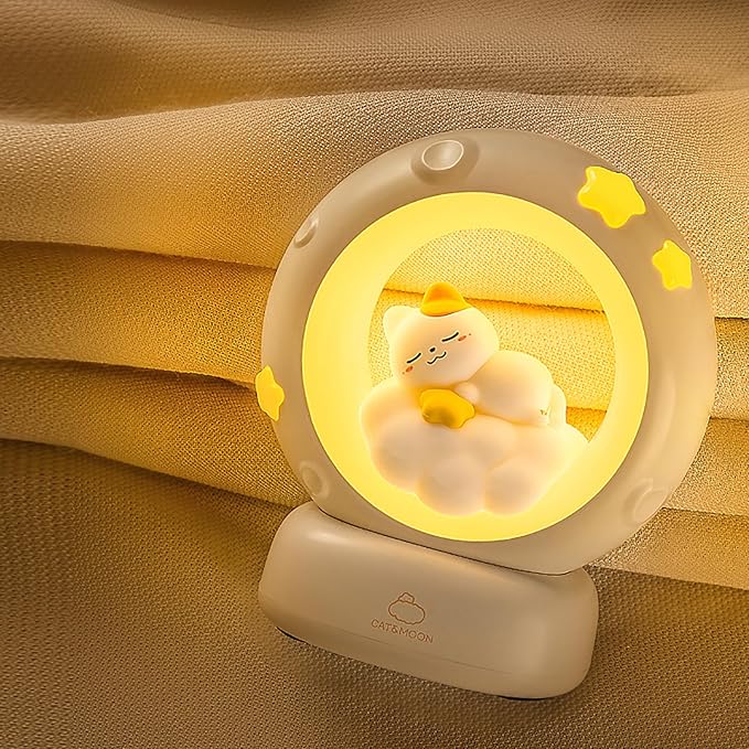 Moon and Cat Rechargeable Night Light, Safe PVC and ABS Material, 3 Brightness Levels, Tap Control, Warm Light, Toddler Sleeping Lamp, Bedroom Night Lamp, Gift for Baby and Kid (Moon and Cat)