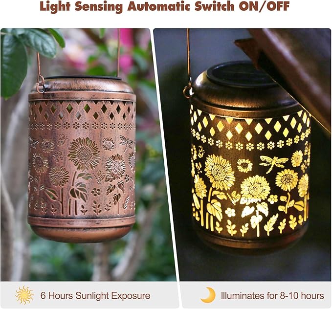 Kaixoxin Solar Garden Decor Metal Lantern Sunflower Table Lamp Bronze Outdoor Dercoration Great Gift for Women Mon Grandma Hanging Lights for Patio Courtyard Garden
