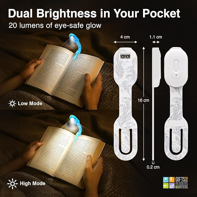 Gifts for Readers & Writers Bookmark Reading Light White Flowers - 2in1 Clip On Bookmark Mini Light for Reading in Bed, Rechargeable Night LED Lights, 20 Lumen