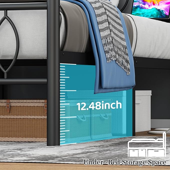 Full Size Bed Frame with Headboard,Black Metal Platform Bed Frame Full Size with Charging Station & LED Lights,12-Inch Under Bed Storage,No Box Spring Needed,Noise Free,Easy to Assemble