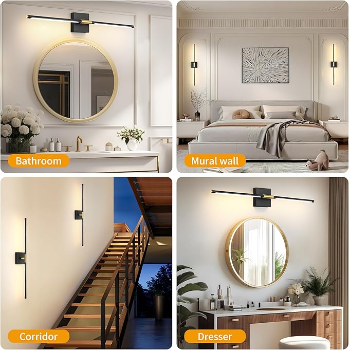 36 Inch Battery Operated Wall Sconces Set of 2, Dimmable Battery Wall Sconce with Remote Control, Black Gold LED Rechargeable Sconces, Modern Wireless Wall Lights for Bedroom, Living Room