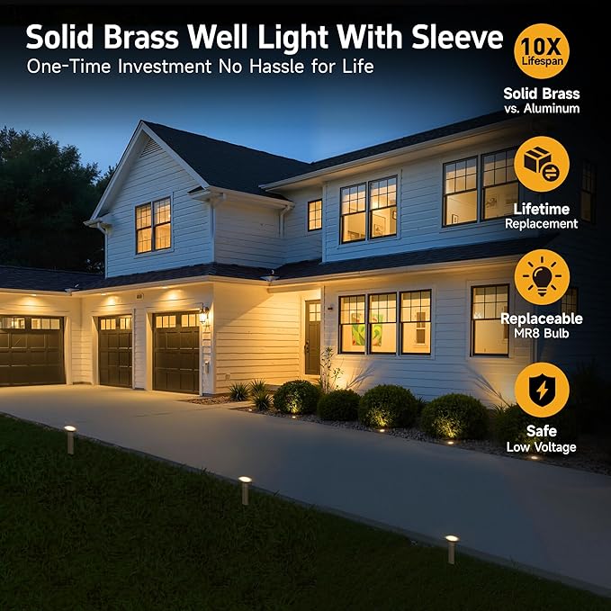 Gardenreet Brass Well Lights Low Voltage, 12V Flush Mount In Ground Landscape Lights with 2.5W 225LM MR8 LED Bulb and PVC Sleeve, IP65 Waterproof Landscape Well Light for Deck and Pathway, 6-Pack