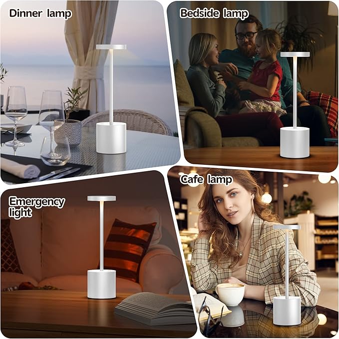 2Pack Cordless Table Lamp, Rechargeable LED Battery 5000mAh Metal USB Portable Powered Desk Lamp, 3 Levels Brightness Light for Restaurants Outdoor (2 Pack 10.25in White)