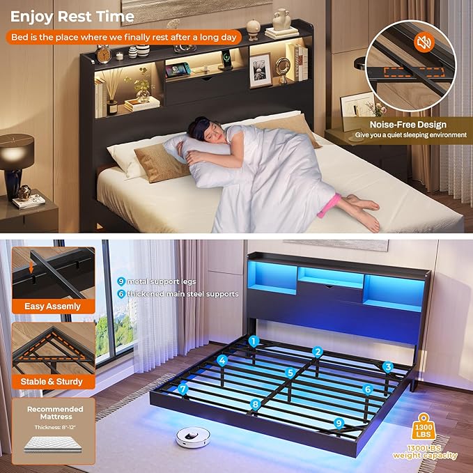 DICTAC King Floating Bed Frame with LED Lights and Storage Headboard, Visual Floating Bed with Charing Station, King Size Metal Platform Bed with Stable Structure, No Box Spring Need, Easy Assembly