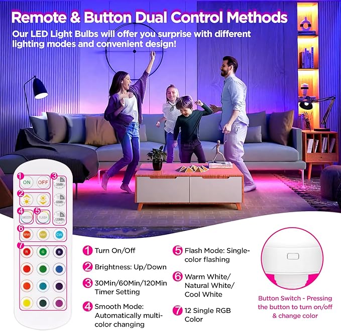 Yochoice E12 Rechargeable Battery Operated Light Bulb with Remote, Dimmable LED Bulb with 15 Colors Selectable & 3 Timer, Wireless Detachable Puck Light Bulb for Wall Sconce, Non-Hardwired