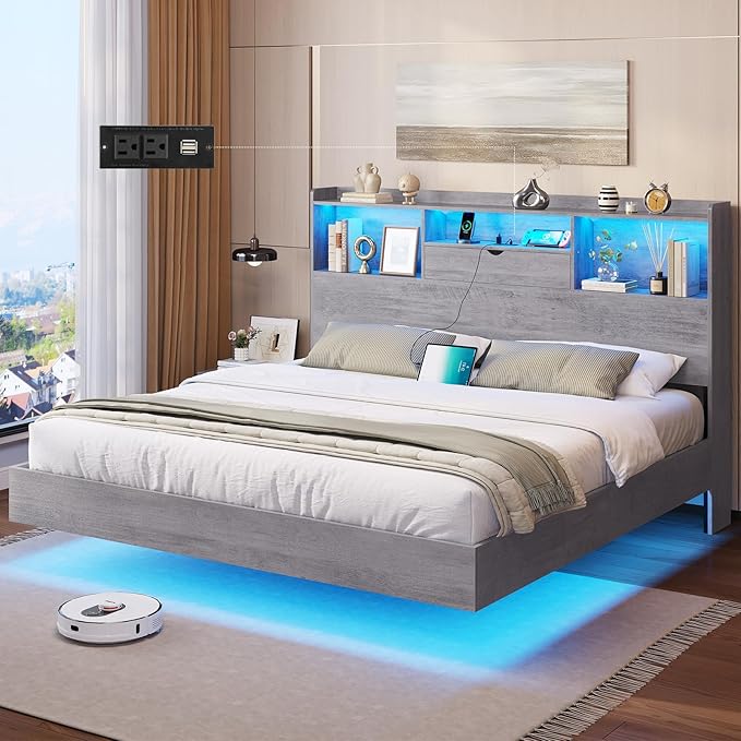 DICTAC King Floating Bed Frame with LED Lights and Headboard Storage, Visual Floating Bed with Charing Station, King Size Metal Platform Bed with Stable Structure, No Box Spring Need, Easy Assembly
