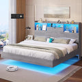 DICTAC King Floating Bed Frame with LED Lights and Headboard Storage, Visual Floating Bed with Charing Station, King Size Metal Platform Bed with Stable Structure, No Box Spring Need, Easy Assembly