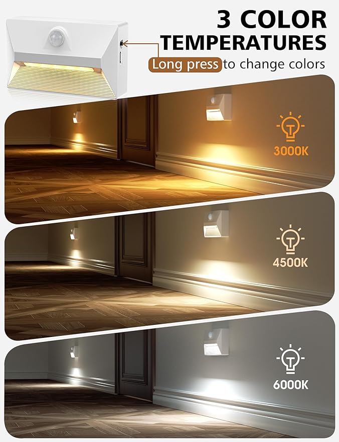 NIORSUN Rechargeable Stair Lights Indoor, Motion Sensor Night Light, 3 Colors and Motion Modes Battery Night Light with Light Sensor for Stairway, Hallway, Bathroom, Kitchen, Bedroom White 4 Pack