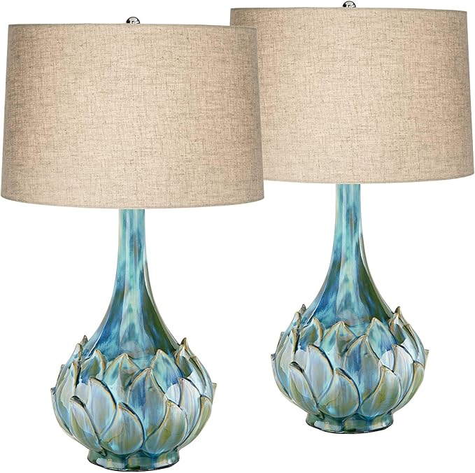 Possini Euro Design Kenya 29 1/2" Tall Modern Coastal Tropical End Table Lamps Set of 2 Blue Green Ceramic Beige Shade Living Room Bedroom Bedside Nightstand House Office Home (Colors May Vary)