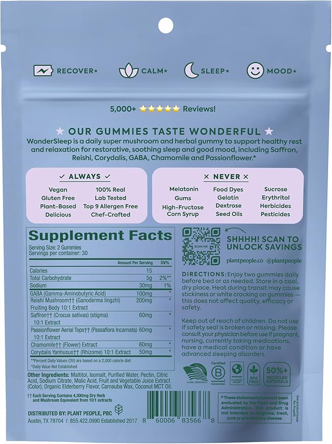Plant People WonderSleep Mushroom Gummies Supplement for Sleep, No Melatonin with Reishi Super Mushrooms, Wild Elderberry Flavor, No Sugar (60 Count)