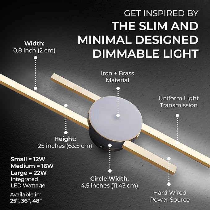 Ozarke Elles Minimalist LED Light Sconce, Modern Linear Wall Lamp, Black, Gold, Warm White, Cold White, UL Listed (Cold White 6000k - Dimmable, 36 inches Black Circle - Gold Bars)