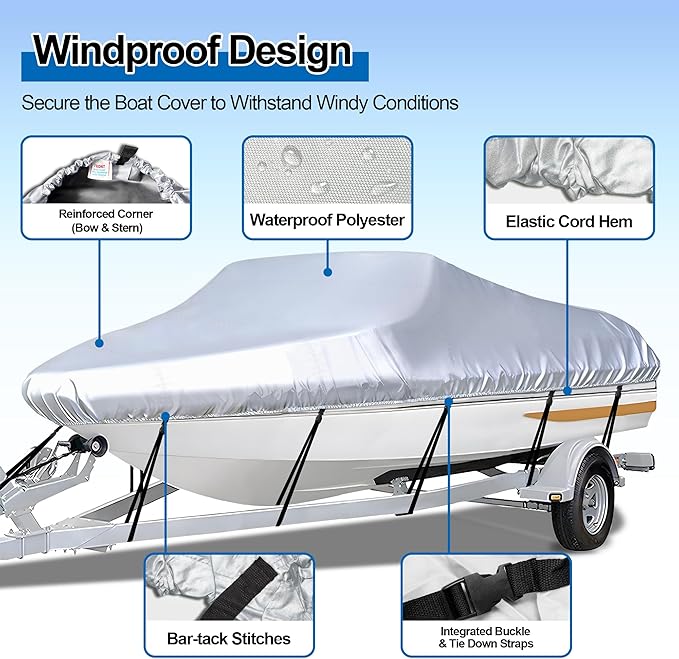 iCOVER Trailerable Boat Cover- 17'-19' Heavy Duty Waterproof Tarp Covers with Storage Bag, Fits V-Hull, Fish&Ski, Pro-Style, Fishing, Runabout, Bass Boats, up to 17ft-19ft Long X 96" Wide