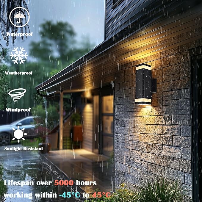 RGB Outdoor Wall Lights Outside Lighting 2 Pack, Square Black Outdoor Light Fixtures Wall Mount, Color Changing Up Down Wall Sconce, IP65 Porch Lights,Modern Exterior Lights for House