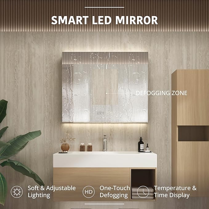 42" Modern Floating Bathroom Vanity Set with Sink, Side Cabinet, LED Smart Mirror Cabinet, Soft-Close Drawer & Open Storage Shelves, Light Oak