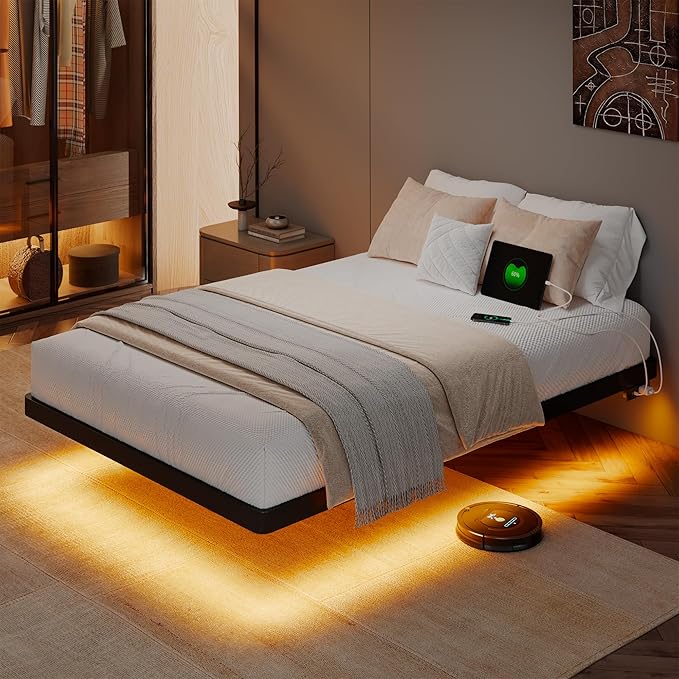 Twin Size Floating Bed Frame with LED Lights, Metal Platform Bed with Power Outlet, Heavy Duty Steel Slats Support, Noise Free, No Box Spring Needed, Easy Assembly