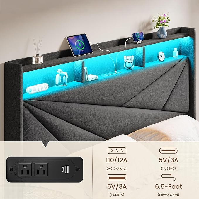 Full Size Bed Frame with 2-Tier Storage Headboard, Upholstered Full Bed Frame with 2 Drawers, Charging Station and LED Lights, No Box Spring Needed, Easy Assembly - Dark Grey
