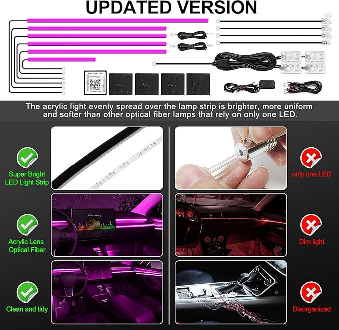 Acrylic Interior Car LED Strip Light with Wireless APP, RGB 14 in 1 with 175 inches 612 LEDs Fiber Optic Strip Lights for Car, Dual Zone Music Sync Neon Car Ambient Lighting Kits